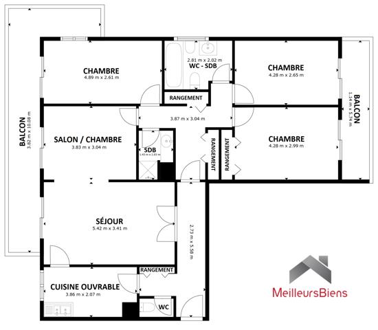 5 pièces 105 m² - double balcon - parking - cave