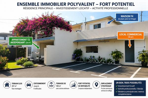 À VENDRE  - Ensemble immobilier rentable – Maison F4 + T2 + local commercial – 400 000 € – Sainte-Marie La Grande Montée