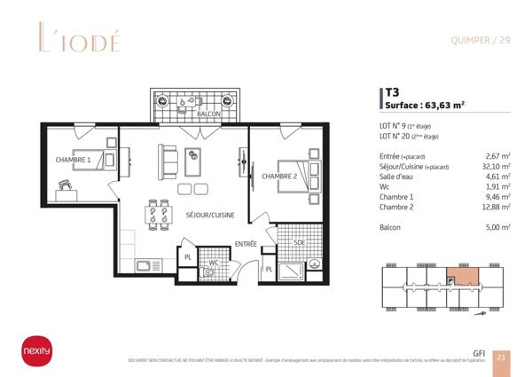 QUIMPER (29) Appartement de type 3 de 64.29 m² habitable - Balcon - 2 Parkings.
