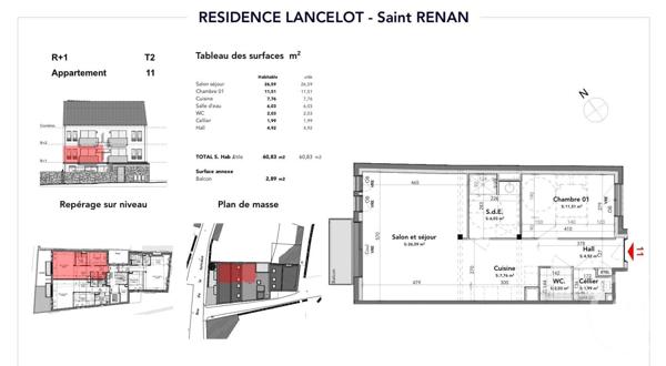 Appartement T2 à vendre  2 pièces - 60,83 m2 ST RENAN - 29
