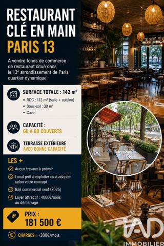 Restaurant à vendre 142 m² Paris 13