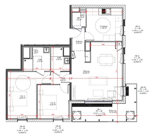 appartement neuf T3 à vendre ROUEN rive droite, surface 79.05 m2 + balcon 13.10 m2.