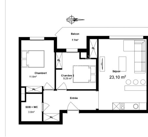 Puteaux limite Suresnes: Appartement de 2 pièces de 58m² avec balcon, cave et Parking