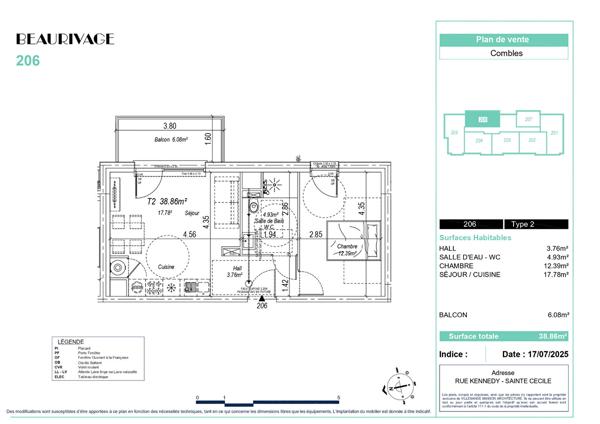 Appartement 2 pièces Sainte Cécile 38.86m²
