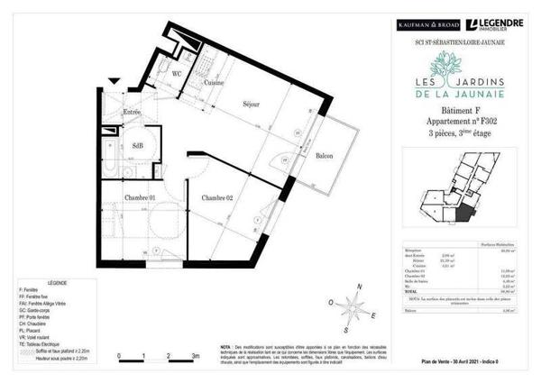 Appartement 3 pièces                                        - 44230 Saint-Sébastien-sur-Loire - Jaunaie-Profondine Réf : 12340