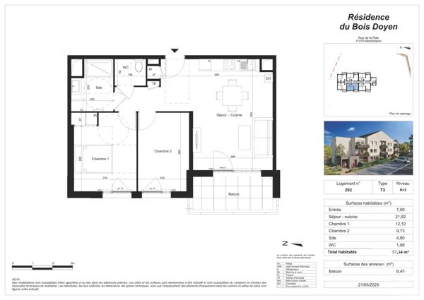 Appartement F3 à vendre  3 pièces - 57,34 m2 MONTCHANIN - 71