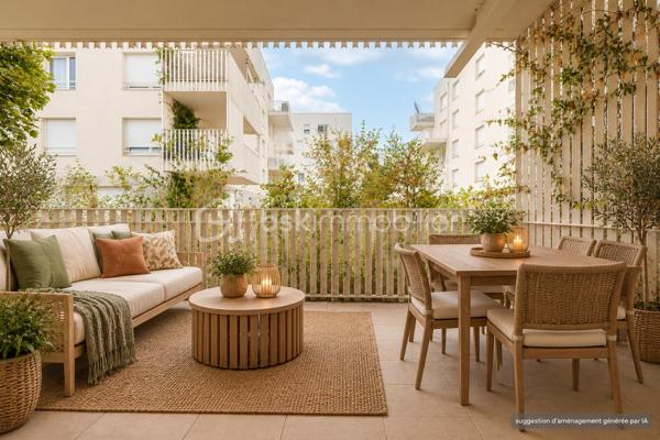 Vous recherchez un appartement récent aux faibles charges disposant de 3 pièces et d'une terrasse en intérieur de copropriété ?

Je vous présente ce T3 de 51 m² carrez situé en rez-de-chaussée avec terrasse donnant sur la cour arborée de la copropriété. L'ensemble immobilier construit en 2020 dispose de 4 bâtiments, une cour commune végétalisée et agrémentée de tables de pique-nique et bains de soleil, un local à vélo et un local poubelle. Le tout situé à 1 min. à pied du bus C15 direction Bachut/Laurent Bonnevay et à moins de 15 min. à pied de Vaulx-en-Velin la Soie. Côté commerces, le Centre Commercial Les Sept Chemins se trouve à moins de 5 min. en voiture.

Au sein de l'appartement se trouve, dès l'entrée, un placard aménagé sur-mesure puis un dégagement desservant des WC indépendants aux normes PMR, une première chambre avec placard intégré de plus de 9 m², une seconde chambre avec placard aménagé sur-mesure de 11 m², une salle de bains munie d'une large baignoire, d'un sèche-serviette, lavabo, miroir et meuble récents, puis la cuisine avec ses équipements neufs, ouverte sur le séjour et mesurant plus de 21 m². La terrasse de plus de 8 m² et orientée Sud/Est est accessible depuis l'espace de vie.

Aucun travaux à prévoir pour cet appartement aux normes récentes.

Un garage en sous-sol est disponible en sus du prix.

Suggestion d'aménagement générées par Intelligence Artificielle