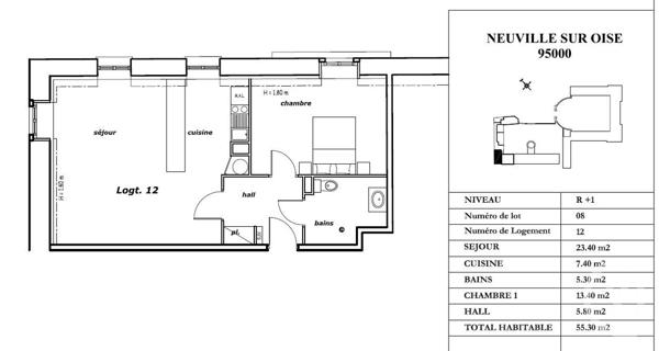Appartement F2 à vendre  2 pièces - 55,30 m2 NEUVILLE SUR OISE - 95