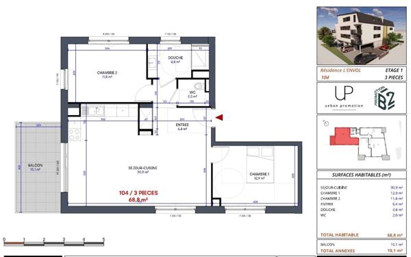 Appartement à vendre    3 pièces • 68,80 m2 Yutz