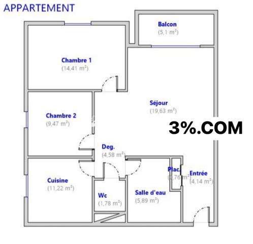 Appartement 3 pièce(s) 2 chambre(s) 71 m²