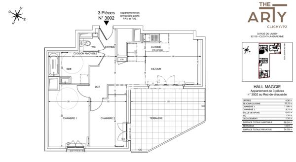 Location Appartement 3 pièces 56.12 m² - Clichy 92110