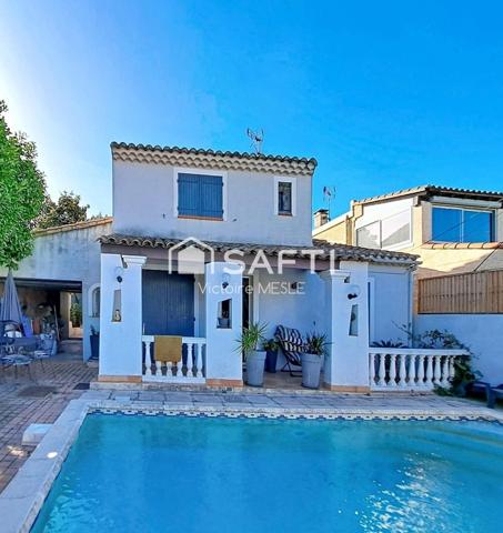 Belle Maison au style provençal, d’une superficie de 93 m2 avec 3 chambres, idéale pour accueillir une famille, offrant deux terrasses,  une belle piscine, un double garage, dans un quartier calme et sécure de Saint Mitre les Remparts proches