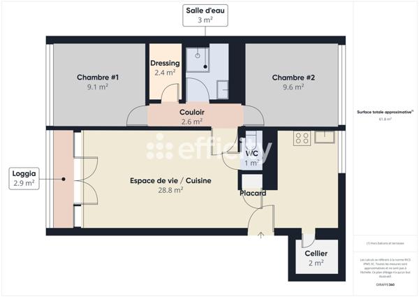 Appartement 3 pièces - 61 m² Exclusivité efficity