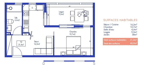 appartement T2 neuf 40m² avec jardin