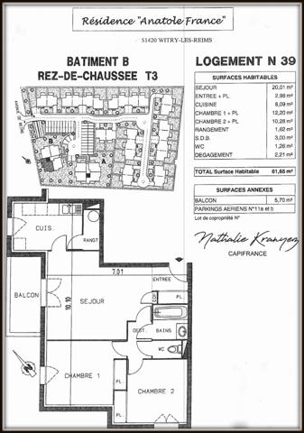 Appartement avec loggia à vendre 3 pièces WITRY LES REIMS (51) et double parking