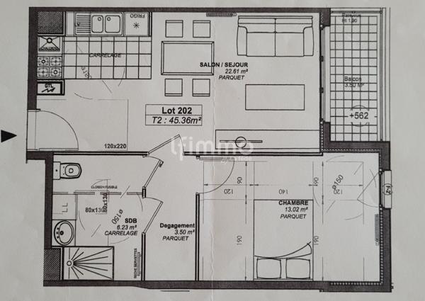 Appartement F2 balcon, parking