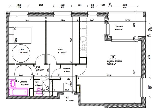 Appartement T3 de 67,31m² à vendre à SEYSSEL (01) avec terrasse et proche du Rhône. En train à 1 heure de Lyon et 45 mn de Genève.