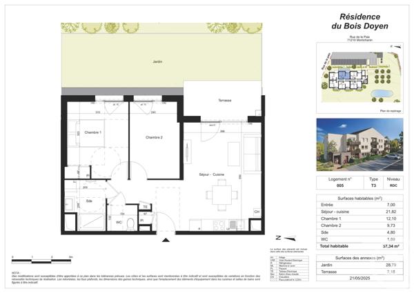 Appartement F3 à vendre  3 pièces - 57,34 m2 MONTCHANIN - 71