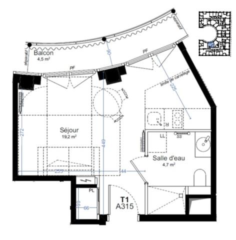 Studio neuf à vendre PARIS 14e, surface habitable 23.90 m2 + balcon 4.50 m2.