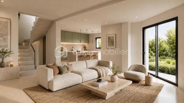 Découvrez cette magnifique maison mitoyenne contemporaine, idéalement située dans une impasse, dans un environnement résidentiel calme et recherché.

Actuellement en cours d'achèvement, cette maison offre une opportunité rare d'emménager dès cet automne dans un bien neuf aux prestations haut de gamme.

Répartie sur un rez-de-chaussée et un étage, elle propose 123 m² habitables, conçus pour offrir un cadre de vie aussi élégant que fonctionnel. Son agencement, imaginé par un architecte d'intérieur, met l'accent sur la luminosité, les volumes et le confort au quotidien.
Vous découvrirez une grande pièce de vie aux lignes arrondies, véritable signature architecturale de la maison. Cet espace lumineux offre de nombreuses possibilités d'aménagement et permet de créer un intérieur unique.

La maison comprend 3 chambres, dont une belle suite parentale avec dressing et salle d'eau privative, et un espace bureau. Les grandes baies vitrées et la hauteur sous plafond supérieure à 2,70 m renforcent la sensation d'espace et baignent les pièces de lumière naturelle.
Implantée sur un terrain avec entrée privative, elle dispose également d'un garage, d'une terrasse ainsi que d'un balcon à l'étage. Les extérieurs, sans vis-à-vis, offrent un cadre de vie intime et agréable.

Les prestations ont été soigneusement sélectionnées pour répondre aux attentes, la maison sera livrée avec :
Carrelage grand format 120 × 120 cm.
Chauffage au sol.
Climatisation réversible.
Grandes baies vitrées.
Finitions haut de gamme.
Matériaux de qualité.

Vous aurez également la possibilité de personnaliser votre cuisine, afin de créer un intérieur entièrement à votre image.

Une maison contemporaine aux prestations premium, alliant design, confort et qualité de construction, idéale pour celles et ceux qui recherchent un bien neuf dans un environnement paisible.

Contactez-nous dès aujourd'hui pour obtenir davantage d'informations et découvrir cette future maison.