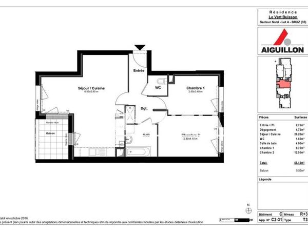 Location Appartement 3 pièces 65.15 m² - BAT C Bruz 35170