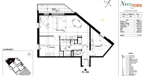 Appartement Tours 3 pièce(s) 66.45 m2