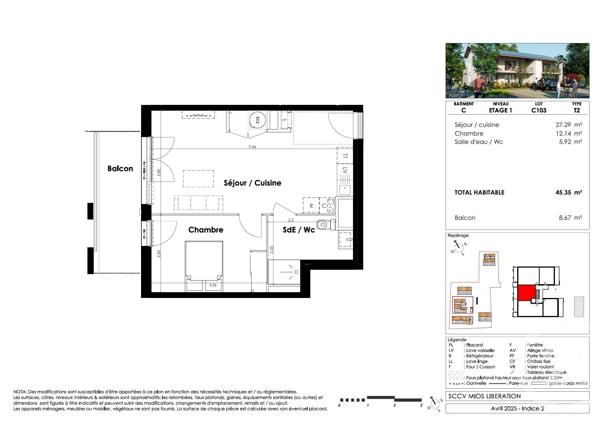 Appartement T2 à vendre  2 pièces - 45,35 m 2   MIOS  - 33