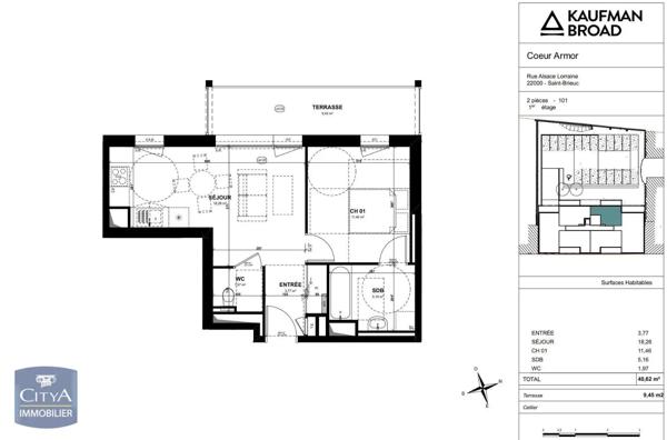 Appartement à louer 2 pièces 40.62m² Saint-Brieuc (22000)
