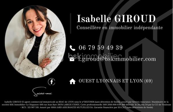 BSK IMMOBILIER, Isabelle GIROUD, vous propose sur la commune de POMMIERS à quelques minutes d'ANSE, cette agréable maison de 92 m²,  idéale pour une petite famille, située dans le centre du village,. Elle est accolée par le garage sur un seul côté.

Elle est composée au rez de chaussée d'une pièce de vie en L, avec sa cuisine ouverte, donnant sur le garage carrelé et sa buanderie, un wc avec son lave main, donnant sur l'entrée avec un grand placard mural.

A l'étage : 3 chambres de beau volume entre 11,43 et 12,75m2, une salle de bain avec baignoire et double vasque, ainsi qu'un wc séparé.

Pour le chauffage et la climatisation vous avez le choix :
- chauffage au sol avec chaudière au gaz,
- pompe à chaleur avec 2 blocs de climatisation réversible qui sont très récents, soit un par étage (chaud pour l'hiver ou froid pour l'été) , très économique, avec télécommande programmable .
- poele à granulés programmable, vous assurant des soirées agréables au coin du feu.

. Vous pouvez faire le tour de la maison par un côté ce qui est quand même pratique.

SES POINTS FORTS :
- 3 types de chauffages possible, qui vous assurent des grosses économies d'énergie,
- très beau et agréable jardin paysagé avec une grande terrasse en L qui se prolonge sur le salon de jardin,
- pièce de vie en L avec cuisine ouverte,
- 3 chambres de belles tailles,
- un garage de presque 18m2 + sa buanderie,
- 2 places de parking en plus
- DPE (diagnostic de performance énergétique) en C, ce qui est un très bon classement,
- petite cabane de jardin en bois pour le rangement,
- un village très agréable avec des promenades et des vues dégagées sur les vignes et le lac d'Anse...
- école maternelle et primaire à 150 et 200m, ainsi que les commerces,
- Bus TCL à 300m,
- l'autoroute se trouve à 6 minutes en passant par Limas, ainsi que la nationale est toute proche pour vos déplacements,
- elle fait partie d'un ancien lotissement : pas de charge, les parties communes sont devenues communales, gérées et entretenues par la mairie.
Ces points forts ne manques pas !!

Cette maison très chaleureuse, allie confort et vie agréable, elle vous permettra de profiter des beaux jours en toute tranquillité, en famille ou entre amis.

Ne tardez plus à venir la découvrir !
Pour plus d’informations et visite,  n'hésitez pas à me contacter au o6x79x59x49x39