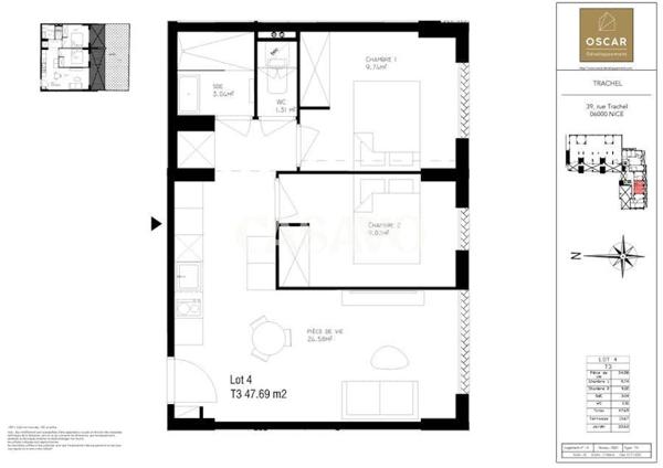 Vente Appartement 3 pièces de 48m² - 06000 Nice