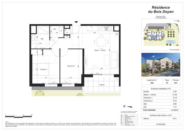 Appartement F3 à vendre  3 pièces - 57,34 m2 MONTCHANIN - 71