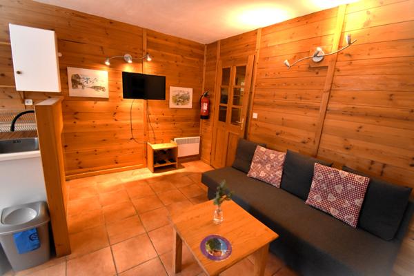 Cosy appartement de montagne entrée, séjour, poèle à bois, salle de bain, casier à ski, jardin, chambre, stationnement