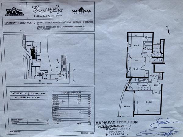 Lyon (69003) T3 de 83 m² bon standing avec balcon de 12 m²