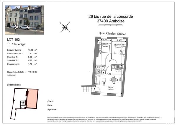 Appartement 3 pièces de 40 m² à Amboise (37400)