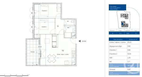 Appartement F3 à vendre  3 pièces - 58,55 m 2   ANTIBES  - 06