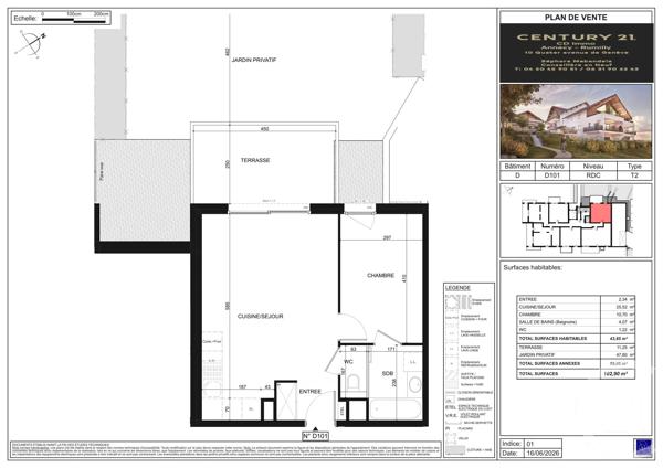 Appartement T2 à vendre  2 pièces - 43,85 m 2   POISY  - 74