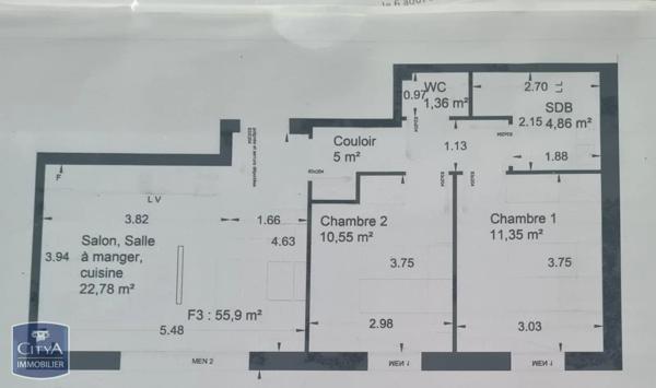 Appartement à louer 3 pièces 55.9m²