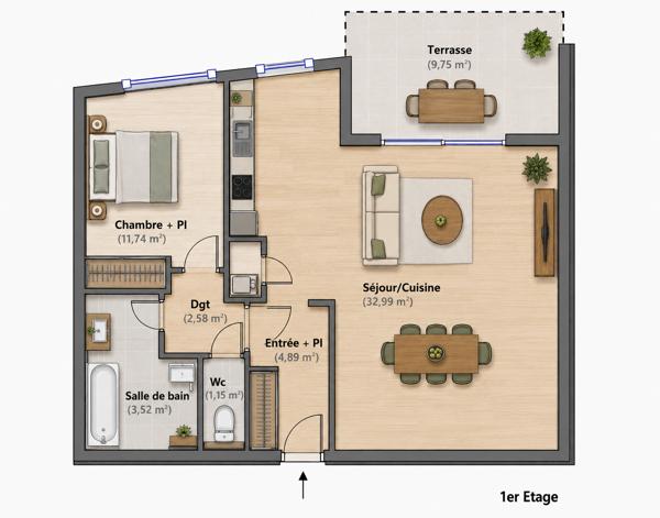 Appartement
         2 pièces
        - 57 m² 365 000 € *