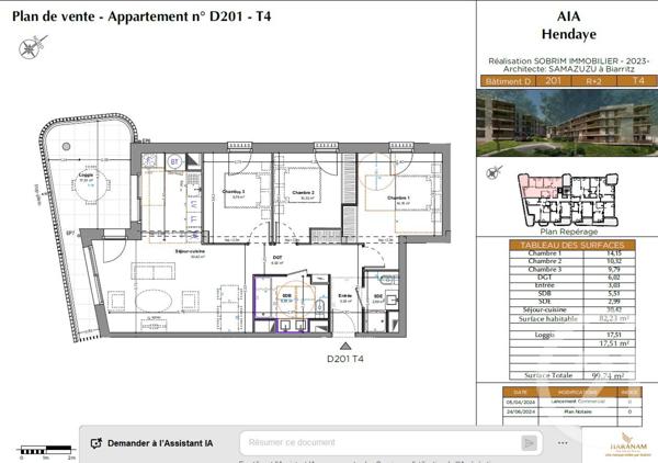 Appartement T4 à vendre  4 pièces - 82,23 m2 HENDAYE - 64