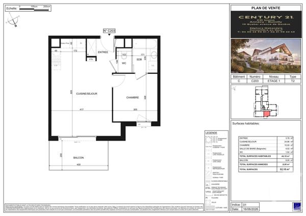 Appartement T2 à vendre  2 pièces - 44,18 m 2   POISY  - 74