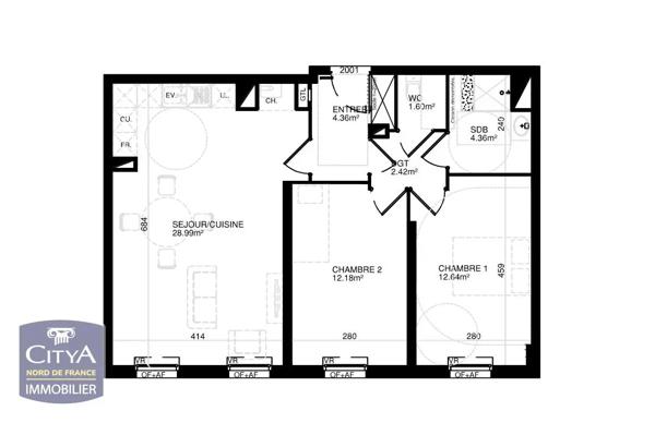 Appartement à louer 3 pièces 66.55m² Lille (59000)