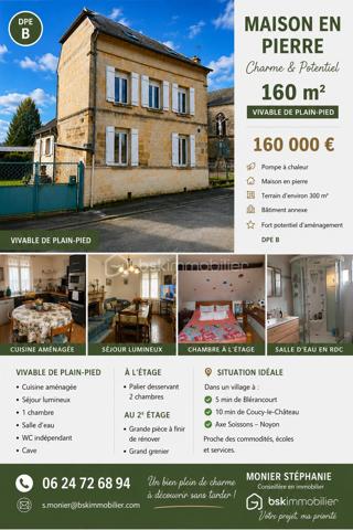 AXE SOISSONS NOYON
5 MIN DE BLERANCOURT
10 MIN DE COUCY LE CHATEAU
15 min de Vic-sur-AISNE
25 MIN DE SOISSONS ET NOYON

🏠 DESCRIPTIF :

Maison vivable de plain-pied, idéale pour une famille, comprenant :
3 chambres
Pièce de vie agréable
Cuisine
Salle de douche
Wc
Pièces à finir de rénover
EXTERIEURS :

Profitez d’un extérieur pratique et sécurisé :

✔ Cour fermée (idéal enfants / animaux)
✔ Bâtiment ouvert
❤️ Les atouts

✔ Maison en pierre pleine de charme
✔ Vie de plain-pied
✔ Nombreuses chambres
✔ Potentiel d’aménagement
✔ Idéal résidence principale ou projet


💰 160 000 €

CONTACTEZ MOI POUR ORGANISER UNE VISITE 06.24.72.68.94
s.monier@bskimmobilier.com