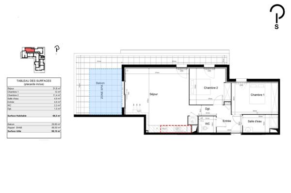 T3 de 69 m². Dernier étage avec terrasse Ouest plus parking et garage