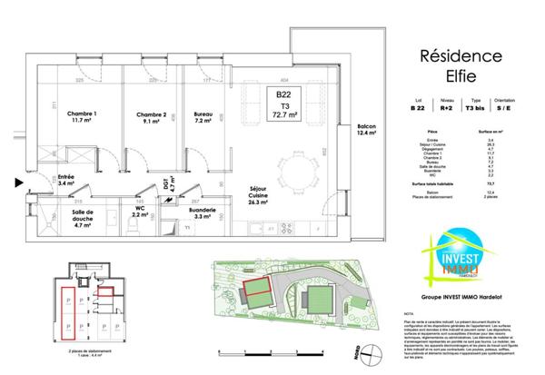 73 M2 - 2ème étage ASCENSEUR -  2 CHAMBRES + 1 BUREAU & 2 PARKINGS COUVERTS