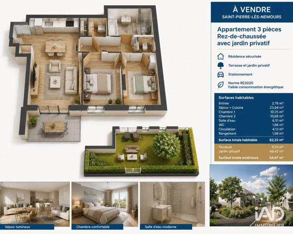 Appartement à vendre 3 pièces 62 m² Saint-Pierre-lès-Nemours