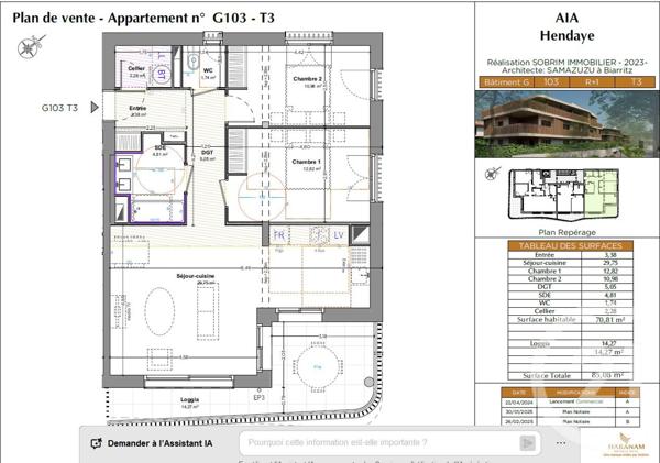 Appartement T3 à vendre  3 pièces - 70,81 m2 HENDAYE - 64