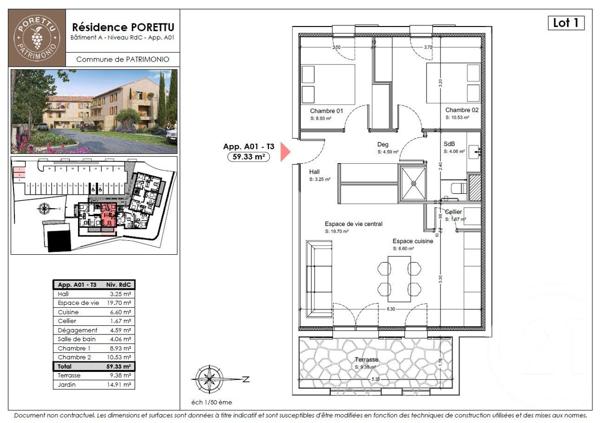 Appartement T3 à vendre  3 pièces - 59,33 m2 PATRIMONIO - 202