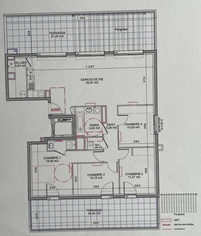 Appartement Vaugneray dernier ét, 5 pièce(s), 4ch,109,56 m², 2 terrasses, vue