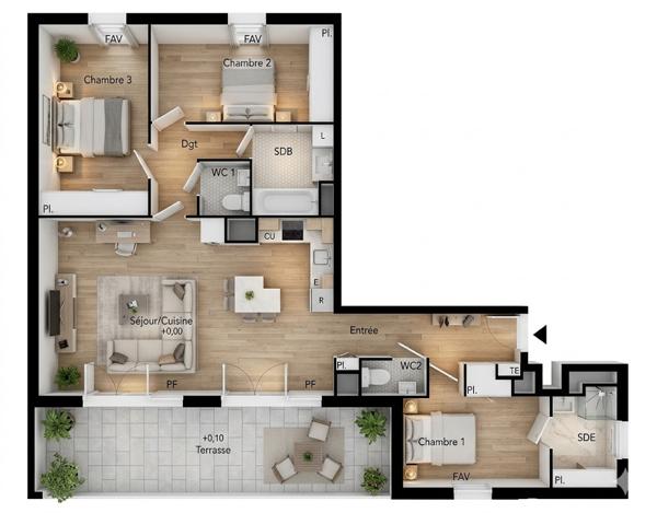 BÉZIERS. T4 EN DERNIER ÉTAGE 92 M² PLUS TERRASSE 20 M² PLEIN SUD ET PARKING