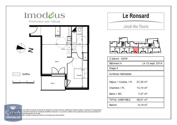 Appartement à louer 2 pièces 48.01m² Joué-lès-Tours (37300)